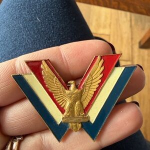 Vintage WWII V for Victory Eagle Brooch with Red, White, and Blue Accents